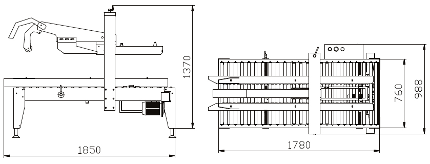 รูปด้านข้าง และด้านบนของเครื่องปิดเทปกาวอัตโนมัติ รุ่น MH-FJ-3A