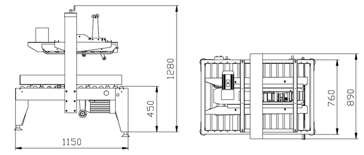 รูปด้านข้างและด้านบนของเครื่องปิดเทปกาวกึ่งอัตโนมัติรุ่น MH-FJ-1A