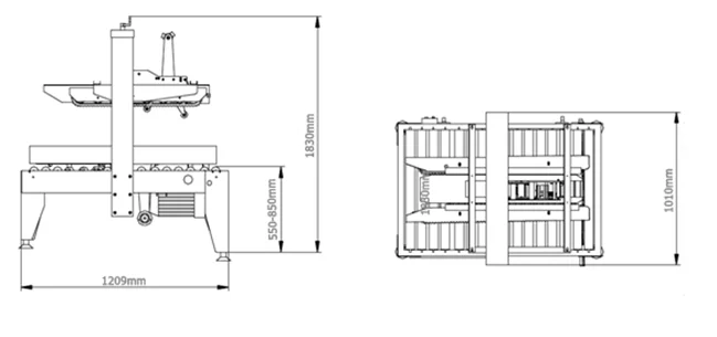 รูปด้านข้างและด้านบนของเครื่องปิดเทปกาวกึ่งอัตโนมัติรุ่นNE-503M
