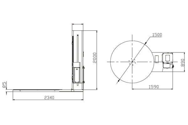รูปด้านข้าง และด้านบนของเครื่องพันพาเลท รุ่น MH-FG-2000B