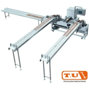 เครื่องห่อแนวนอน ขนมบิสกิต 2 ชิ้น ติดกันด้วยครีม แบบความเร็วสูง 4 เลน